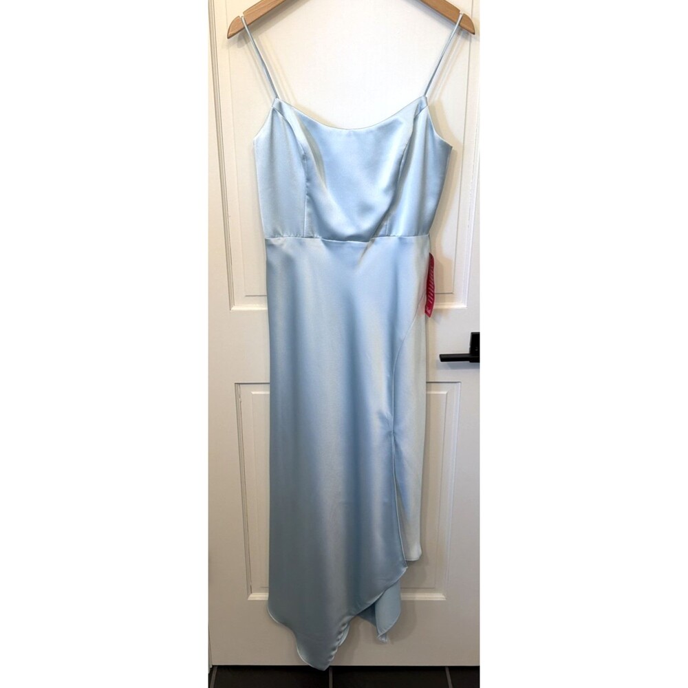 NWT XSCAPE Formal Dress 8 Ice Blue Satin Strappy Silky Asymmetrical Hem USA